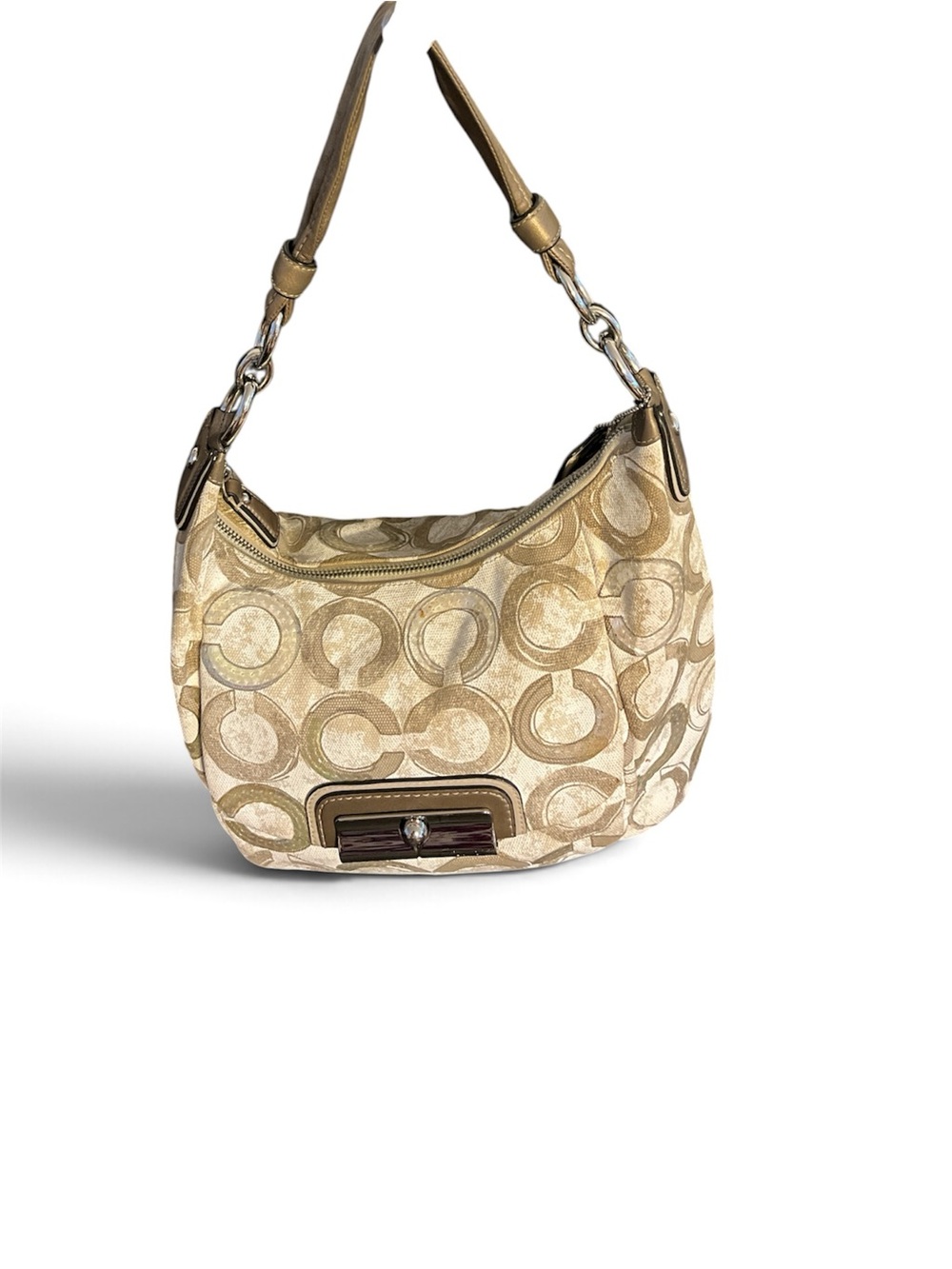 COACH KRISTIN EMBELLISHED SIGNATURE HOBO BAG IN LIGHT BROWN AND TAN COLOR